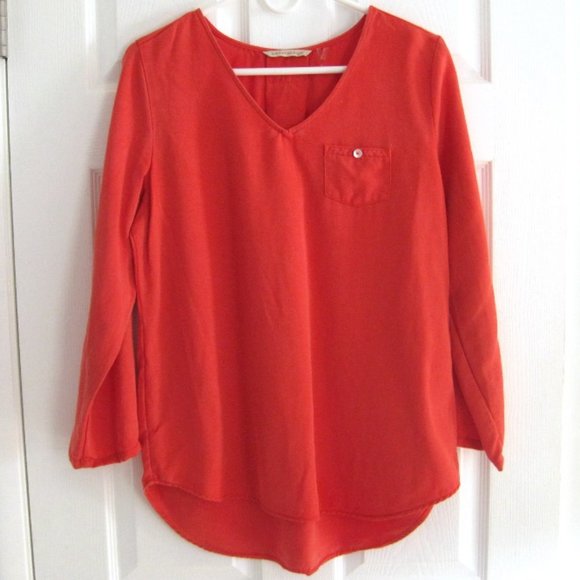 Soft Surroundings Orange Tencel Tunic Top Size S Roll Tab Sleeves V Neckline - Picture 1 of 7